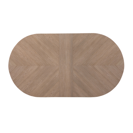 Beige ovaler Gartentisch mit Holzoptik, Ansicht von oben.