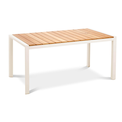 Moderner rechteckiger Gartentisch mit Holzplatte und weißen Metallbeinen.