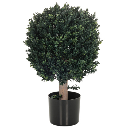 Kunstpflanze Buxus mit ovalen Blättern in schwarzem Kunststofftopf.