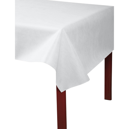 Weiße Tischdecke aus Papier, dekorativ über eine rote Tischkante gelegt.
