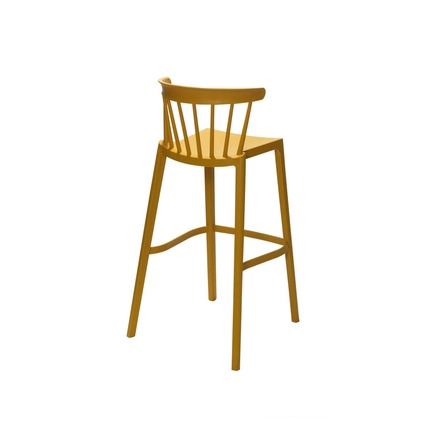 Gelber Barhocker mit Rückenlehne und stapelbarem Design, seitliche Ansicht.