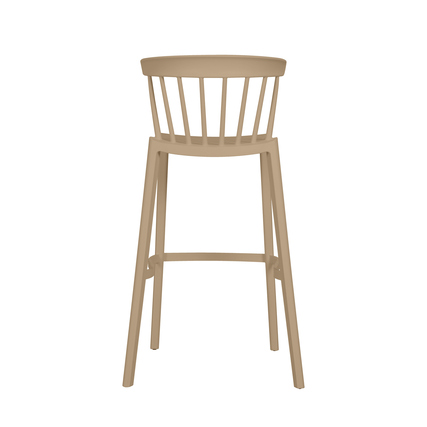 Beige Barhocker mit runder Sitzfläche und schlanken Beinen aus Kunststoff, Ansicht von hinten.