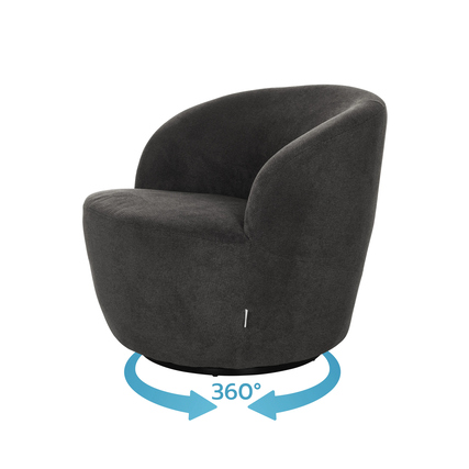 Drehbarer Loungesessel in runder Form mit weichem, grauem Stoffbezug und Metalldrehfuß.