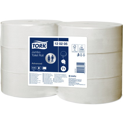 Zwei Rollen Tork Jumbo Toilettenpapier Advanced nebeneinander mit sichtbaren Etiketten.