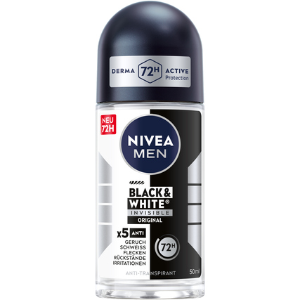 Deo Roll-On mit schwarzem Deckel und transparentem Körper, 50ml, NIVEA MEN Black & White Invisible.