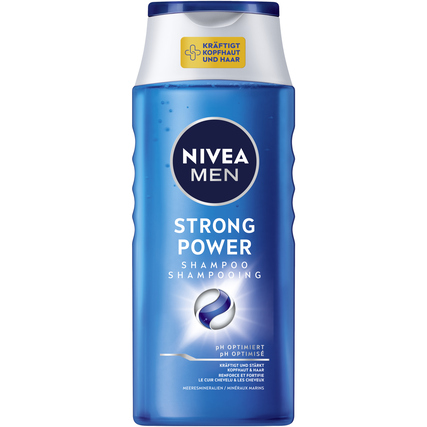 Blaues Shampoo-Flasche mit der Beschriftung "NIVEA MEN Strong Power" und einem kraftvollen Design.