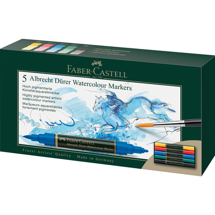 Packung mit fünf Aquarellmarkern in blau-grüner Gestaltung und Pinselspitze.