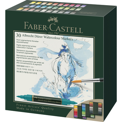 Farbige Verpackung mit 30 Faber-Castell Aquarellmarkern und durchsichtiger Bleistiftzeichnung.