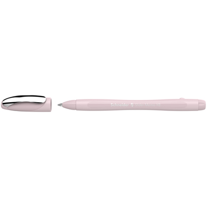 Kugelschreiber in zartem Rosa mit Kappe, eingefärbter Schrift und metallischem Clip.
