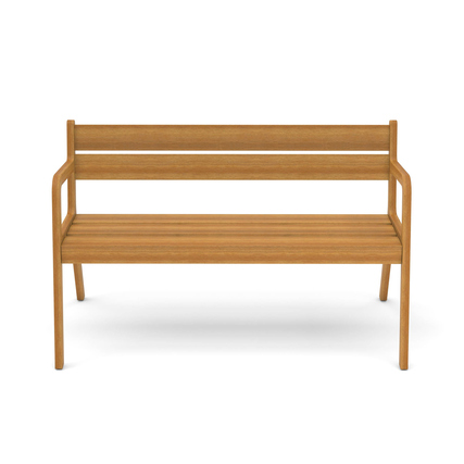 Holzfarbene Gartenbank mit zwei Querlatten und Armlehnen, frontale Ansicht.