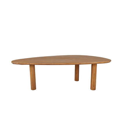 Ovaler Gartentisch mit Teak-Optik und drei Standbeinen auf weißem Hintergrund.