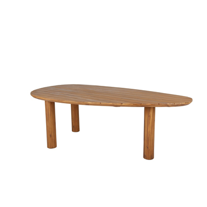 Ovaler Gartentisch mit Teak-Optik und dreibeinigem Gestell auf weißem Hintergrund.