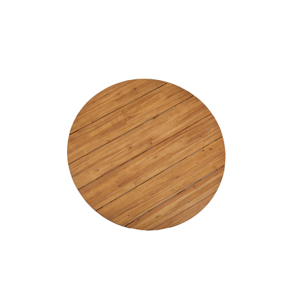 Runder Gartentisch mit Holzoberfläche in Teak-Optik und sichtbaren Holzfugen.