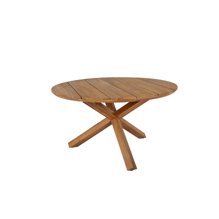 Runder Gartentisch in Teak-Optik mit stabilem Kreuzfuß auf weißem Hintergrund.