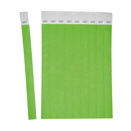 Neongrüne, fortlaufend nummerierte Einlassbänder auf einem weißen Hintergrund.