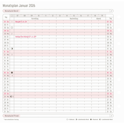 Monatskalender für Januar 2026 mit Platz für berufliche und private Termine.