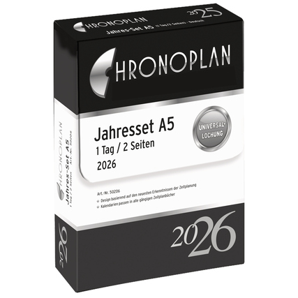 Jahresset für 2026 im Format A5, enthält Tagespläne auf zwei Seiten pro Tag.