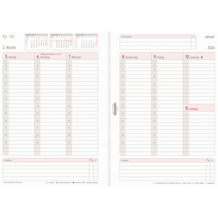Kalendereinlage für 2026 mit Wochenübersicht von Montag bis Sonntag und Aufgabenfeld.