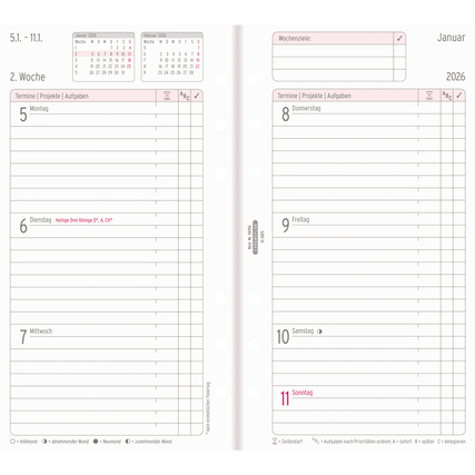 Wochenkalender-Einlage für 2026 mit farbigem Layout und Platz für Termine und Aufgaben.