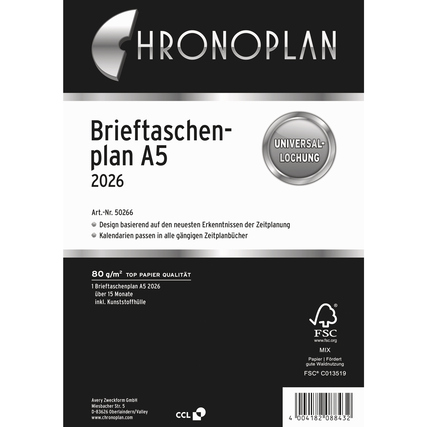 Chronoplan Einlage für A5-Ringmechanik mit Kalenderdesign für das Jahr 2026.
