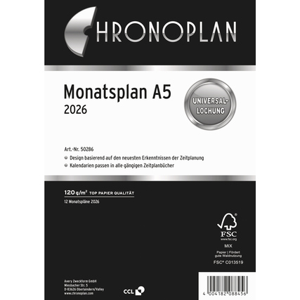 Kalendereinlage für 2026 im DIN A5-Format mit universeller Lochung und monatlicher Planung.