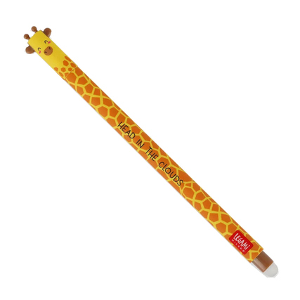 Gelber Gelschreiber in Giraffenform mit der Aufschrift "HEAD IN THE CLOUDS".