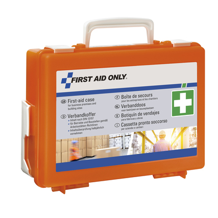 Erster Hilfe Koffer in Orange mit abnehmbarem Griff und Hinweis auf Inhalt und Verwendung.