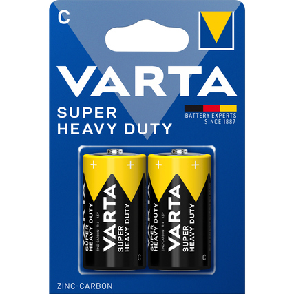 Zwei Varta Superlife Zink-Kohle Batterien der Größe C in einer blauen Verpackung.