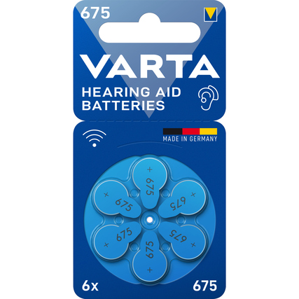 Blaues Blisterpack mit sechs Varta Knopfzellen 675 für Hörgeräte.