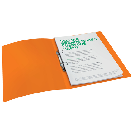 Ringbuch in Orange mit offener Seitenansicht und eingefügten Dokumenten im Inneren.