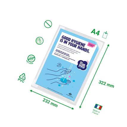 Sichttafelhülle in A4-Format mit Hygienebotschaft und Maßangaben, ohne Dekoration.