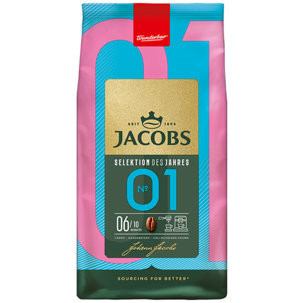 Verpackung von JACOBS Kaffee, Selektion des Jahres N° 01 mit buntem Design und Zahlen.