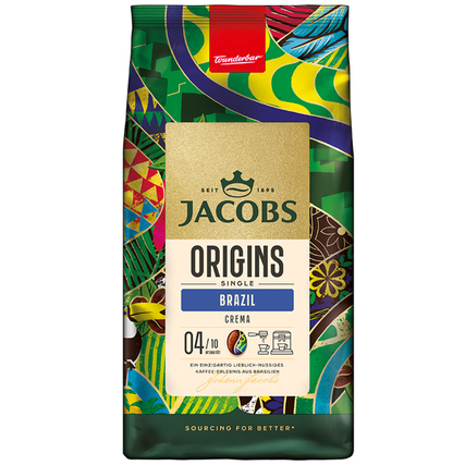 Kaffeepackung mit buntem Design, die 'JACOBS Kaffee Origins Brazil Crema' darstellt.