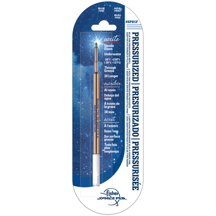 Kugelschreibermine in blauer Farbe mit Verpackung und Informationen zur Nutzung.
