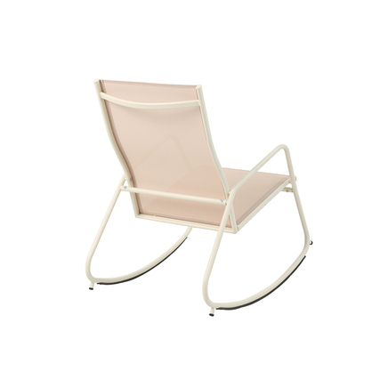Beige Schaukelstuhl mit stabiler Metallstruktur, Ansicht von hinten.
