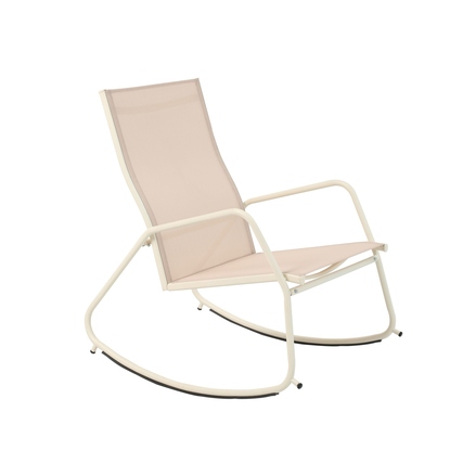 Beige Schaukelstuhl mit Metallgestell, geeignet für den Außenbereich.