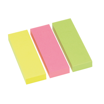 Drei Haftmarker in gelb, pink und grün, rechteckig mit den Maßen 75 x 25 mm.