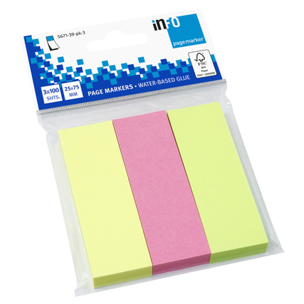 Drei Haftmarker in Gelb, Pink und Grün, verpackt in einer transparenten Folie.