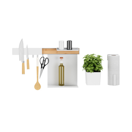 Küchenorganizer Set mit Regalen, Haken und Kräutertopf in Weiß und Braun.