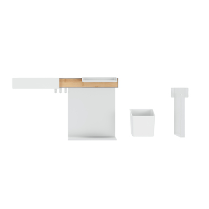 Küchenorganizer Set mit verschiedenen Modulen in Weiß und Braun auf hellem Hintergrund.