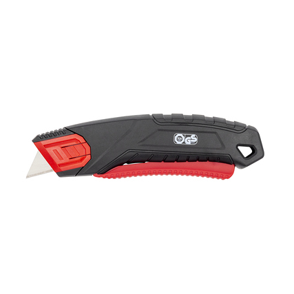Sicherheitsmesser mit rotem und schwarzem Griff, Klinge und Hebel seitlich sichtbar.