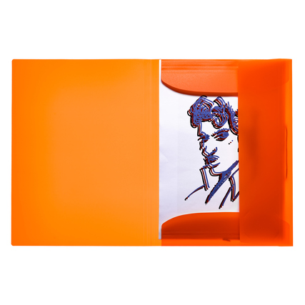 Neonorange Sammelmappe mit einem gezeichneten Porträt auf einem Blatt Papier im Inneren.