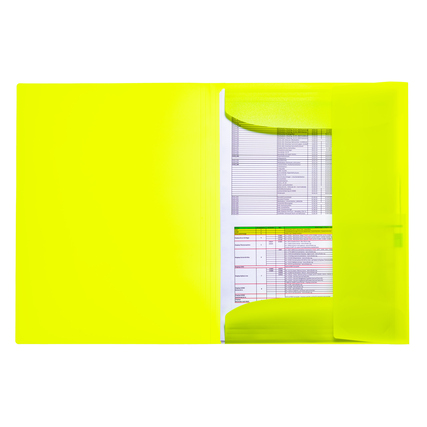 Neongelbe Sammelmappe im geöffneten Zustand mit eingelegten Dokumenten.
