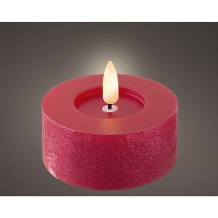 Rotes LED-Teelicht mit Flackereffekt, runde Form und integrierter Flamme.