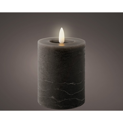 Graue LED-Kerze mit Flackereffekt und oben brennender Lichtquelle.