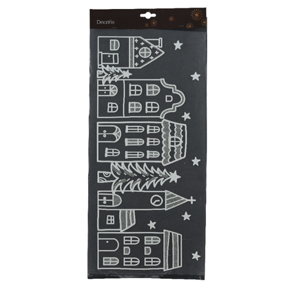 Fensterbild mit zeichnerischen Darstellungen von Häusern und Bäumen auf dunklem Hintergrund.