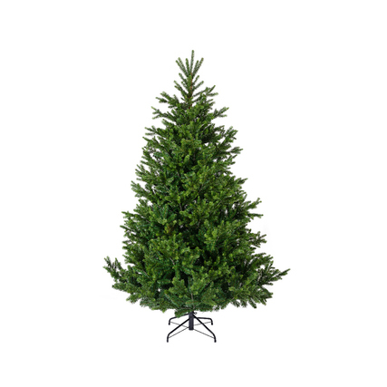 Dunkelgrüner, dichter Weihnachtsbaum mit schwarz lackiertem Ständer, 130 x 180 cm.