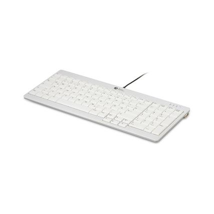 Ergonomische, kompakte Tastatur mit Ziffernblock in weißer Farbe und USB-Kabelanschluss.