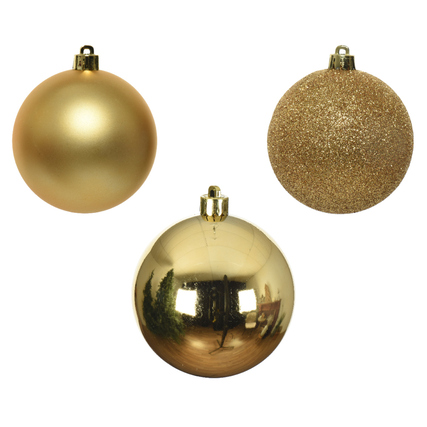 Drei goldene Christbaumkugeln in verschiedenen Oberflächenstrukturen, Durchmesser 6 cm.