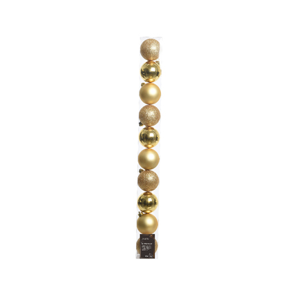 Goldene Christbaumkugeln im Mix, Durchmesser 6 cm, auf einer Halterung abgebildet.